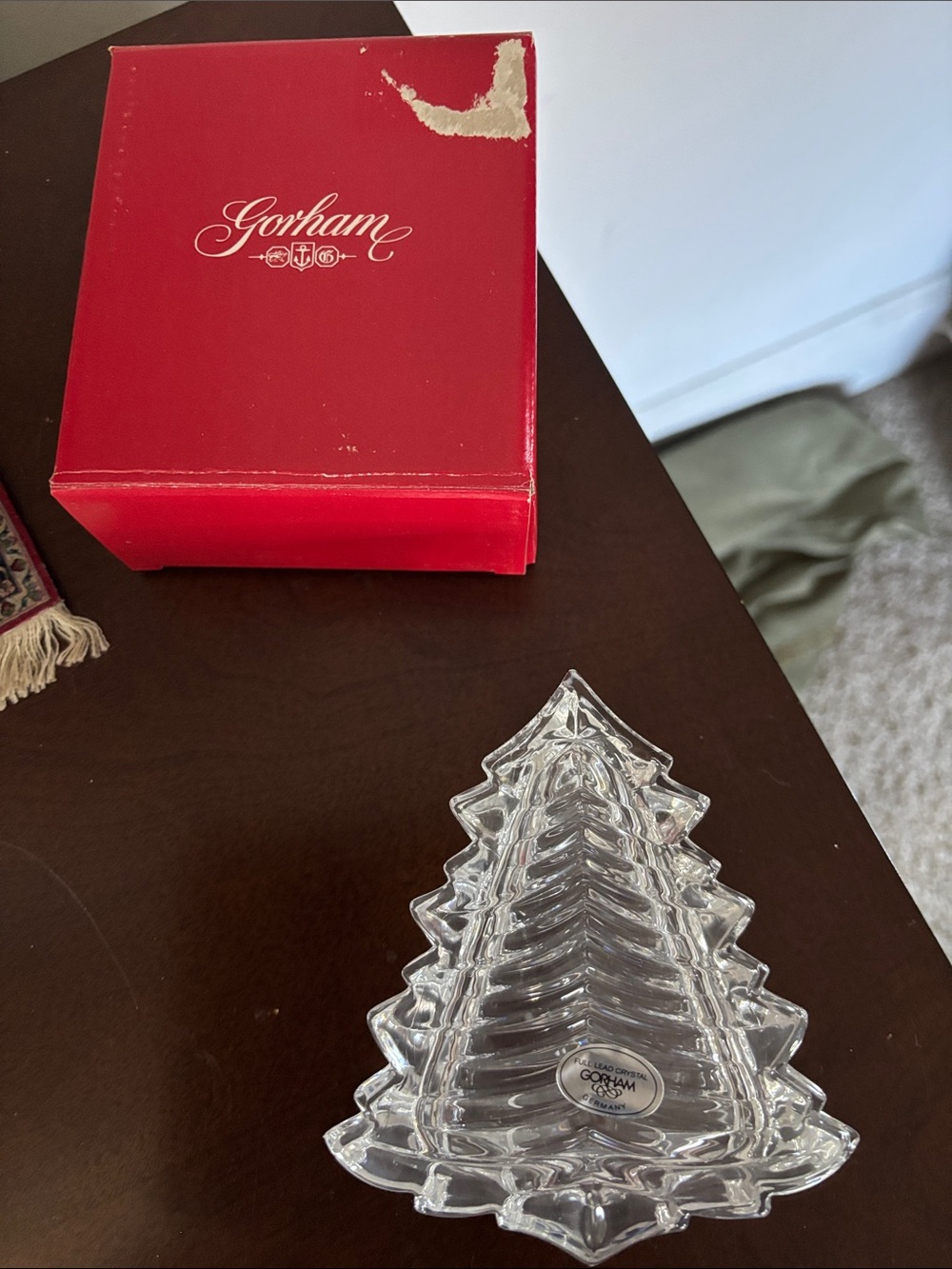 Gorham Clear Glass Christmas Tree Dish with Red Box